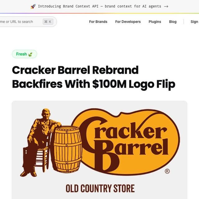A design-blog headline reading 'Cracker Barrel Rebrand Backfires With $100M Logo Flip,' shown above the chain's classic logo of Uncle Herschel seated beside a barrel with the words Old Country Store.
