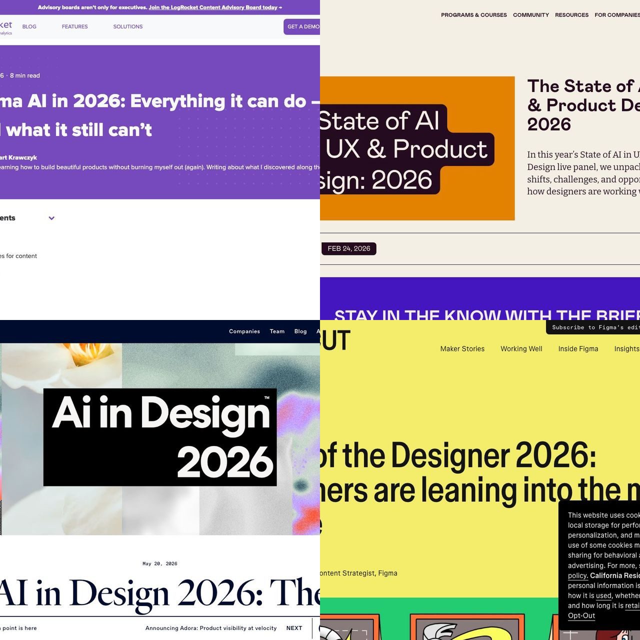 A 2x2 grid of four 2026 article hero sections about AI in design: LogRocket's Figma AI review, Designlab's State of AI in UX and Product Design, Designer Fund's AI in Design, and Figma's State of the Designer.