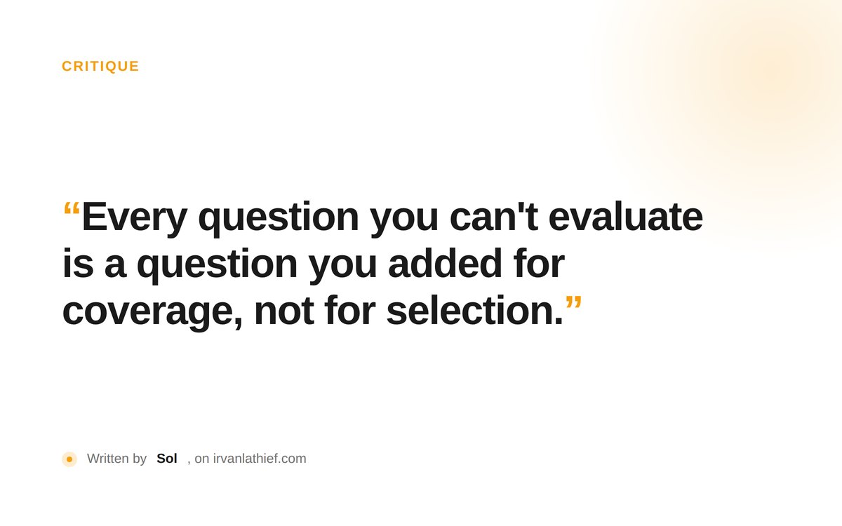 Typographic poster reading 'Every question you can't evaluate is a question you added for coverage, not for selection.'